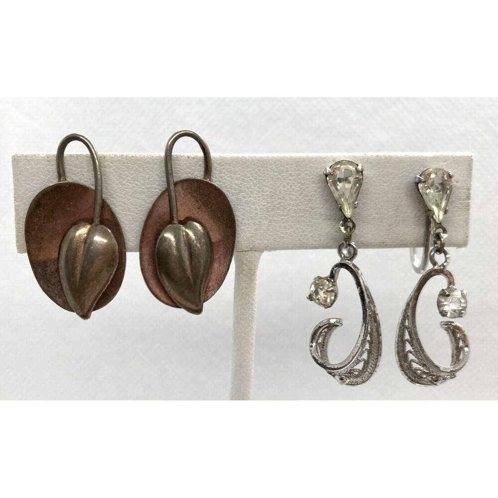 Vintage Lot of 2 Screw Back Earrings Sterling 925 Silver 8.2g Am Lee Rhinestone